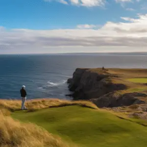 A golfer stands on the edge of a lush green fairway