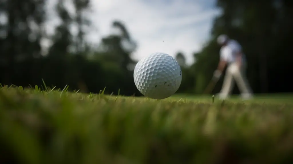 A mid air golf ball with a mid handicapper golfer slightly visible in the background