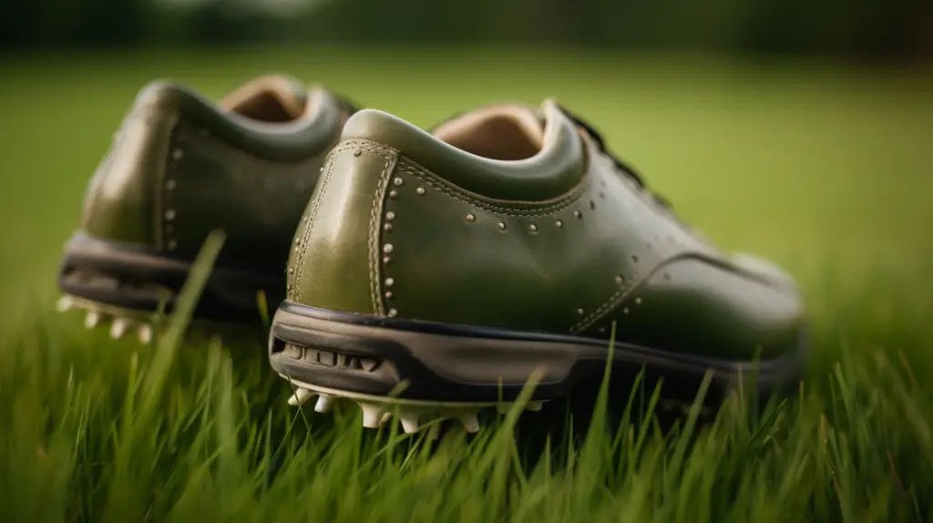 A pair of soft spikes golf shoes on a lush green fairway
