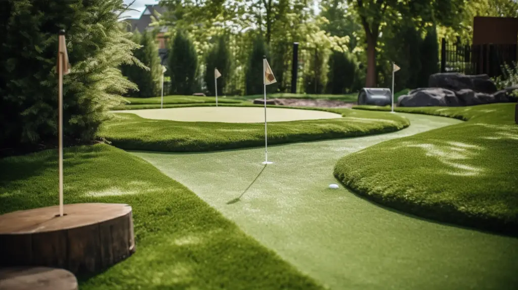 A sunny backyard mini golf course with lush green grass