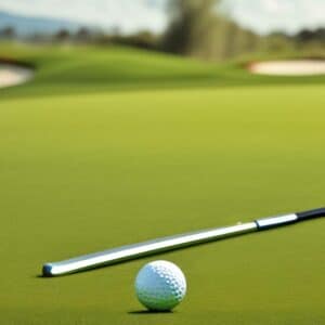 A white golf ball and a silver golf club lying on lush green grass