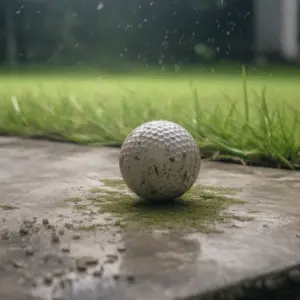 A white golf ball sitting on the ground