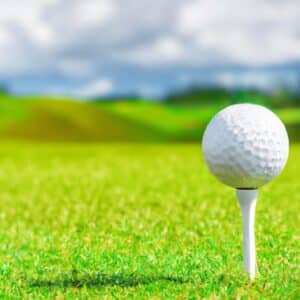 A white golf ball sitting on top of a tee against a grassy background.