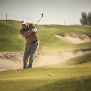 An older golfer swings a hybrid golf club on a sunny day