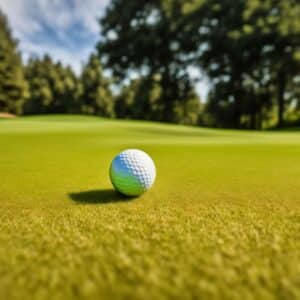 Close-up of a golf ball sitting on a neatly manicured green grass golf course