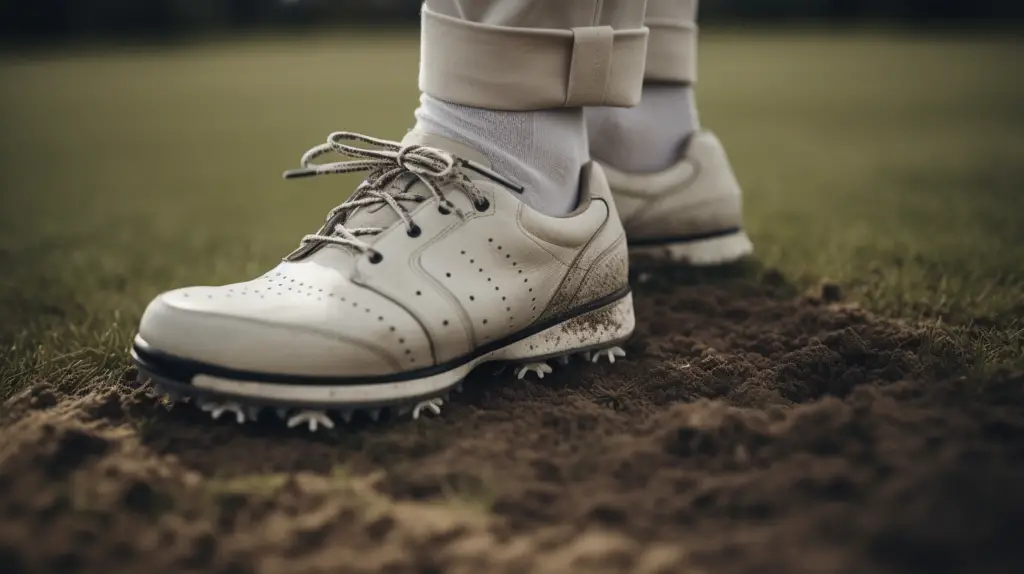 Close up of a golfers feet in soft spikes golf shoes