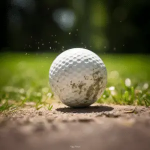 Close-up view of a white golf ball lying on the ground with a few dirt specks on its surface