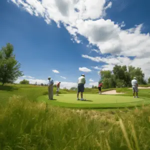 Five golfers standing on a green course