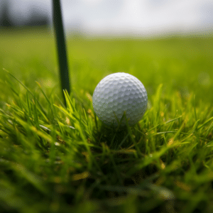 a golf ball and a golf shaft on a course