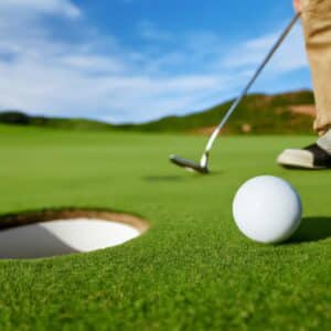 a golf ball near a golf hole and a golfer holding his club