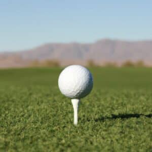 a golf ball on a wooden tee holder