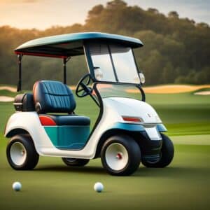 a golf cart and two golf balls