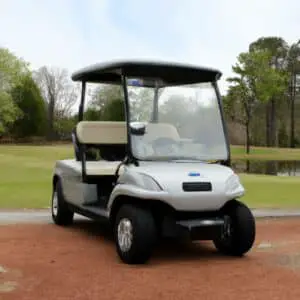 a golf cart in the parking lot