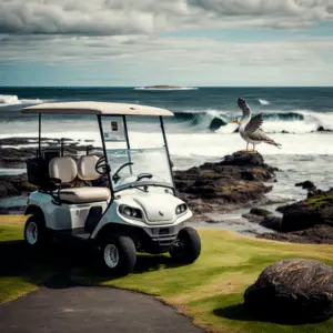 a golf cart on coastal golf course