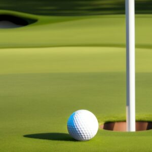 a golf hole with pole and a small white ball