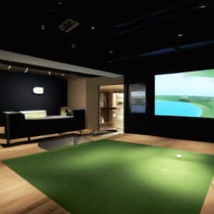 a golf simulator in the living room