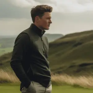 a male golfer on a green field wearing black mid layer