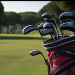 different types of golf clubs in a red bag