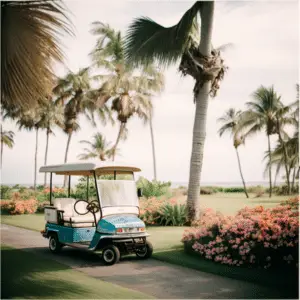 golf cart on a tropical golf course