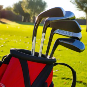 several iron golf clubs in a red bag
