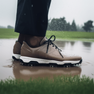 A close-up photo of a golfer wearing golf shoes, standing on a wet surface
