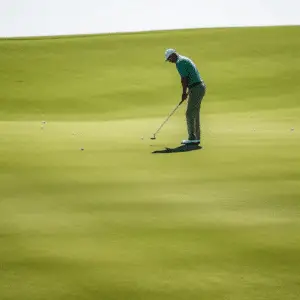 A distant golfer tees off