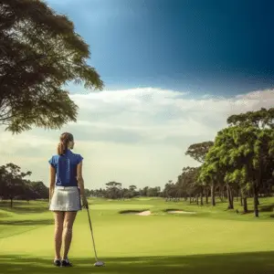 A female golfer stands confidently while holding a golf club in her hand