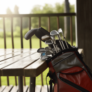 A golf bag filled with clubs positioned next to a table