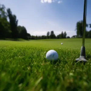 A golf ball and club resting on a lush green field