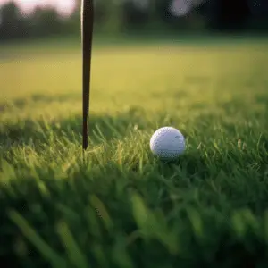 Close-up view of a golf ball nestled in a grassy field