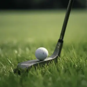 A golf ball resting on the club head