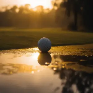 A golf ball rests on a damp green surface on the golf course