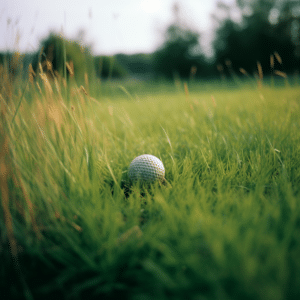 A golf ball rests on a lush green field