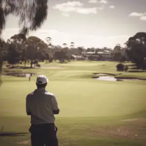 A golfer deep in thought, standing on the fairway