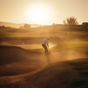 A golfer swings a club against the backdrop of a vibrant sunset