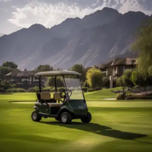 A parked golf cart nestled amidst lush greenery