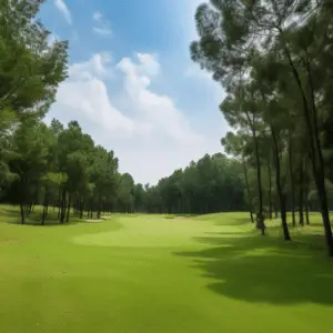 A serene golf course surrounded by towering trees