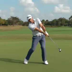 An experienced golfer demonstrating a strong grip while confidently swinging a club on the course