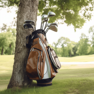 An image of a golf bag leaning against a tall tree