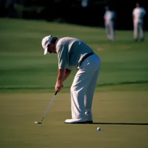 An older golfer swings a club on a sunny green field