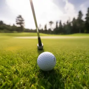 Close-up of a golf ball with a blurred golf club in the background