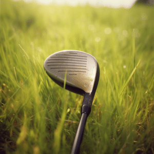 Close-up view of a golf clubhead nestled in the lush green grass