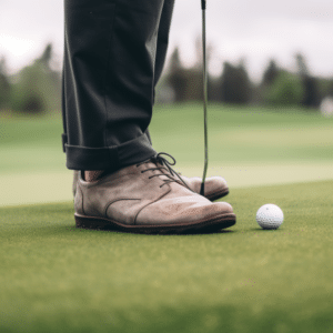 Close-up view of a golfer's feet near a golf ball.