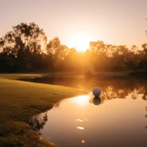 Golf ball resting on the surface of shallow water on the course