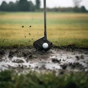 Golf club striking a ball creating a powerful impact on the ground