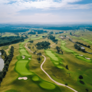 Golf course with manicured fairways stretching across the landscape