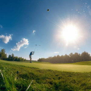 Golfer swinging a club with sunlight shining in the background