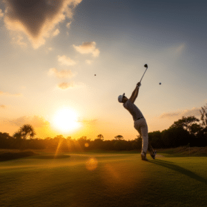 Golfer swinging club with sunlight backdrop