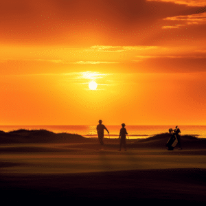 Golfers playing on a scenic cloudy day
