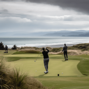 Golfers playing on a scenic cloudy day